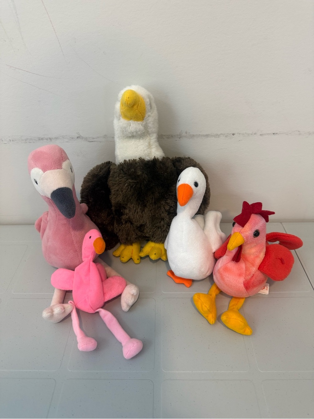 Plush Bird Toy Bundle - Pink Flamingo, White Goose, Brown Eagle, Red Rooster